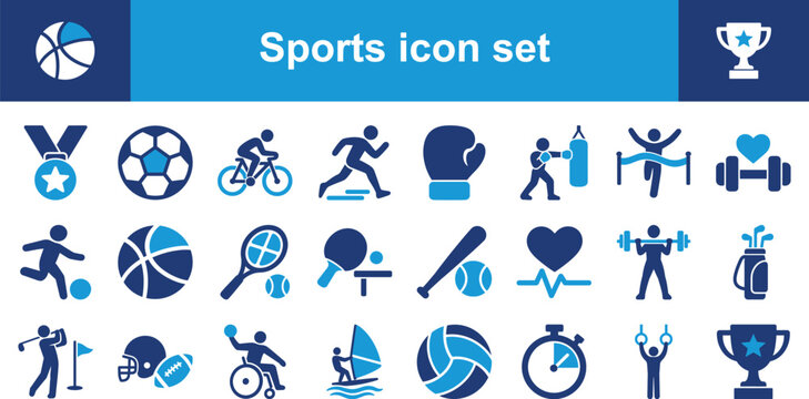Sports icon set containing icons for medal, football, cycling, running, boxing glove, tennis, golf, and trophy for fitness and athletic projects