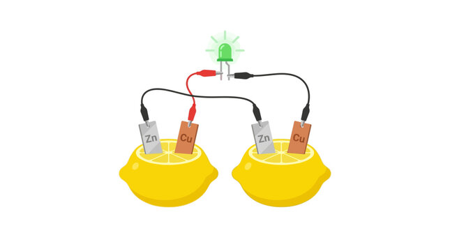 Flat design vector illustration of a lemon battery science experiment showing two lemon halves connected with zinc and copper electrodes and wires to power a glowing green LED bulb.