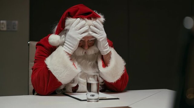 Stressed Santa Claus in a boardroom with a failing performance review chart