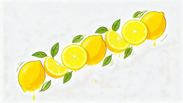 Fresh yellow lemons and slices arranged on white background with green leaves