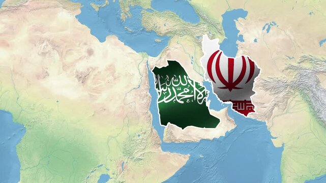 Iran and Saudi Arabia Map Highlight Animation.Geopolitical Crisis Map Motion Graphic showing Iran Conflict and Saudi Arabia tension 4K