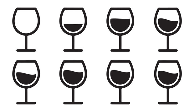 Wine glass fill level indicators set for menu design and bar portion control graphics black vector silhouette.