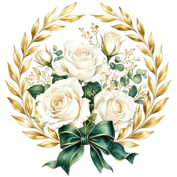 Golden Laurel Wreath with Emerald Ribbon and White Roses