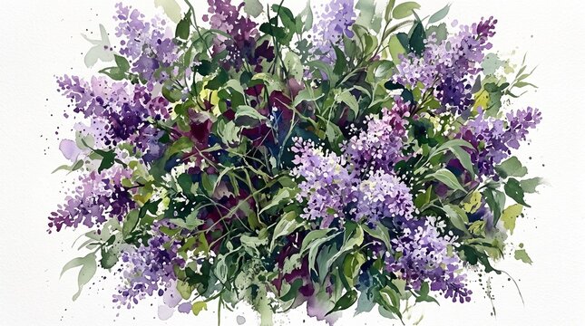A vibrant and lush floral arrangement featuring purple lavender eucalyptus and other colorful blooms on a white background