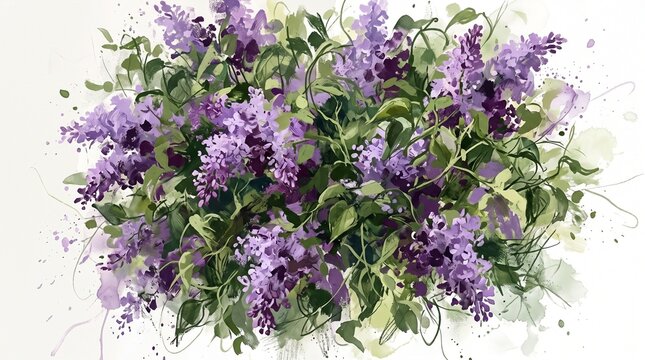 Watercolor painting of vibrant lilac flowers and lush green leaves against a bright white background creating a floral design