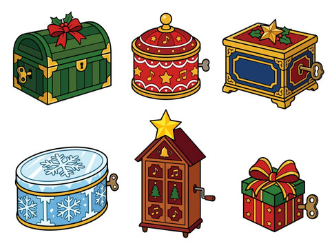Christmas music box vector set, retro wind-up gift boxes, vintage snowflake and holly treasure chests, holiday craft elements Vector