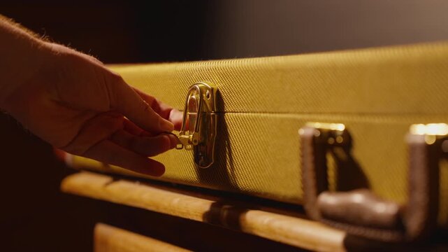 Slow motion view as a hand unfastens a brass clasp on a tweed guitar case.