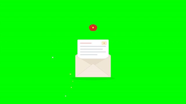 Flat design envelopes with red wax seals featuring a gold star on a solid green chroma key background. Perfect for motion graphics and video notification overlays.
