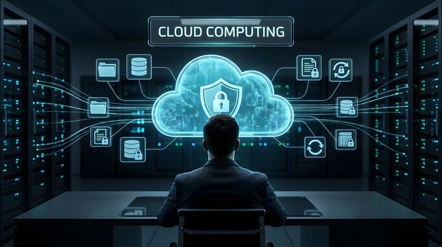 Person working with cloud computing technology in a server room