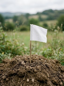 White flag planted on a mound of dirt in a field.