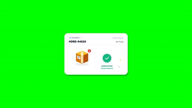 Six white minimalist interface windows showing package delivery icons and progress bars against a solid green background. Perfect for video editing and logistics software explainers.