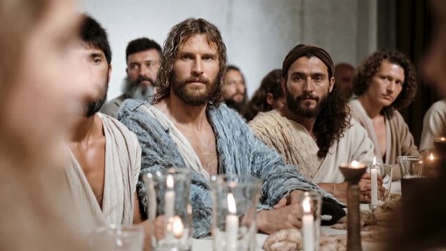 Biblical scene of Jesus and disciples at the Last Supper with candles