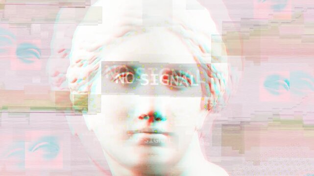 Glitch animation with title No signal, Venus bust and data corruption effect. Video footage with building digital decay, video signal distortion, information loss and total loop frame breakdown.