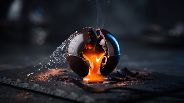 Cracked black chocolate sphere with glowing molten caramel and spun sugar spiderweb on slate