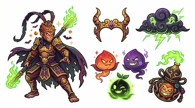 Spooky Monkey King Sun Wukong Character Illustration Set with Magic Staff Demonic Crown Ghostly Storm Cloud and Halloween Spirit Peach Icons