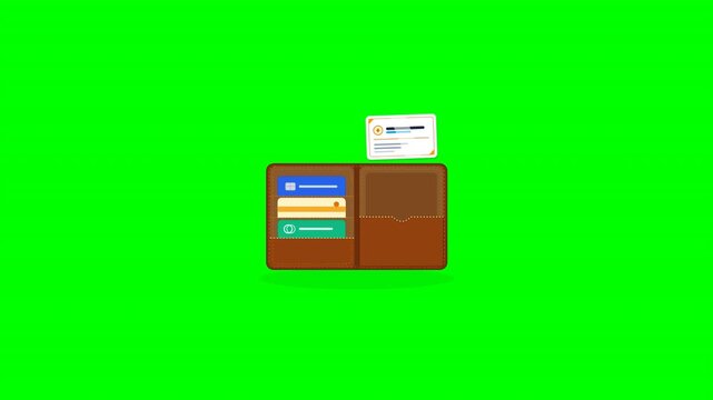 A collection of brown flat-style wallets showing various credit and ID cards arranged on a chroma key green background. Ideal for financial and banking video projects.