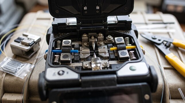 Close up of fiber optic fusion splicer alignment process