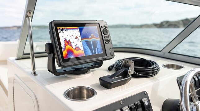 Marine sonar fishfinder display on a boat console showing underwater depth mapping and navigation data