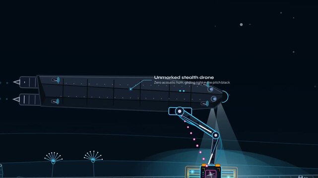 2D animation explaining deep sea espionage with a stealth drone tapping underwater internet optical fiber cables to harvest raw photon packets and data