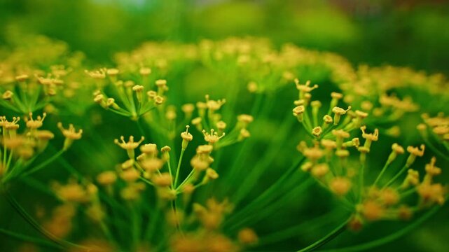 Yellow blossoms cluster on green stems. Soft focus highlights delicate flower structure. Natural light illuminates vibrant green background. Botanical detail captures plant's flowering stage