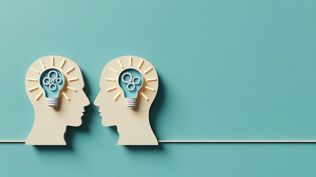 Two Human Heads with Interlocking Gears Representing Communication, Psychology, Empathy and Connected Thinking on Teal Background