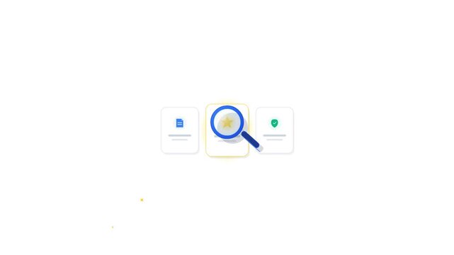 Set of minimalist icons showing magnifying glasses inspecting document files with checkmarks and stars on white. Perfect for data analysis and SEO marketing video projects.