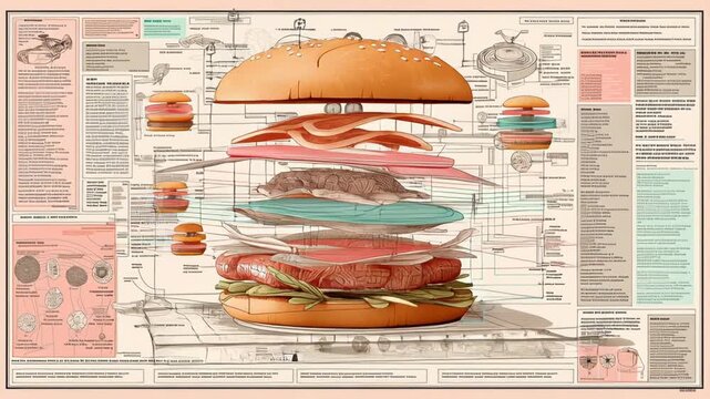 Technical scheme of a deconstructed gourmet hamburger showing layers of bun, lettuce, cheese, beef patty, onions, tomato, and bacon with blueprint annotations and intricate diagram elements. Generated