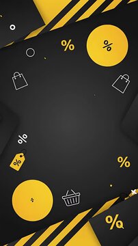 Vertical Black Friday Sale Animated Background with Floating Shopping Icons and Yellow Accents.