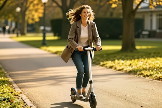 Captures Woman Riding Electric Scooter On Sunny Day In Park Like Setting To Late Twenties Early Thirties With Blonde Hair Caught Motion