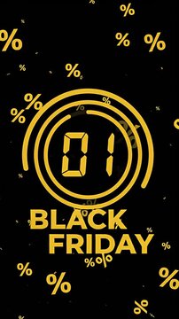 Black Friday Sale Vertical Motion Graphic Countdown with Floating Percentage Signs.