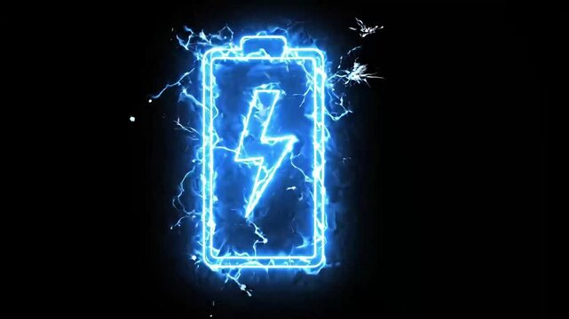 Abstract representation of a glowing blue battery icon with a lightning bolt symbol, symbolizing power and energy, set against a dark backdrop