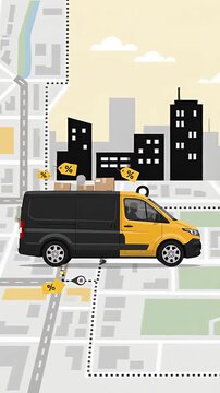 Animated delivery van driving through a city with discount tags and navigation map for Black Friday sales.