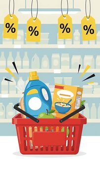2D animation of a red shopping basket filling with groceries and household items during a supermarket sale.