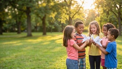 Fototapeta premium Diverse children holding paper origami peace doves outdoors in sunny park