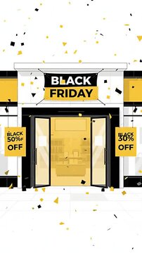 Animated Retail Storefront Opening for Black Friday Sale with Confetti and Discounts.