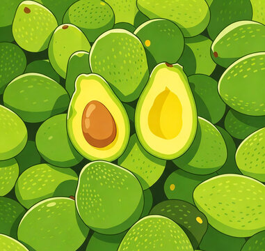 Vector illustration of fresh green avocados seamless pattern background featuring sliced open avocado with seed and core, organic fresh fruit concept, vivid vector design for food packaging background