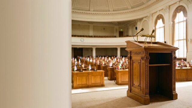 Empty diplomatic podium with microphone in international assembly hall
