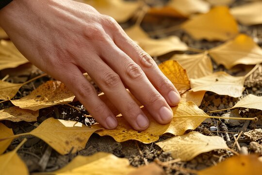 Captures Close Of Human Hand Gently Pressing On Yellow Maple Leaf Amidst Bed Fallen Leaves To Adult With Lines Creases Suggesting