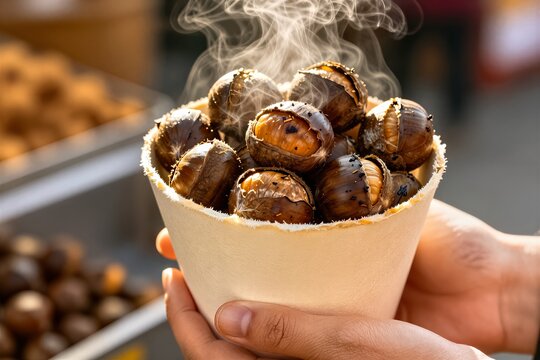 Captures Close View Of Persons Hands Holding Paper Cup Filled With Roasted Chestnuts Glossy Brown Exterior Charred Wrinkled Texture