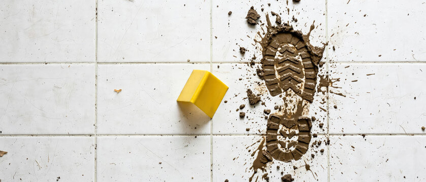 Muddy Bootprint on White Tiled Floor with Yellow Sponge for Household Cleaning and Maintenance, Top Down View