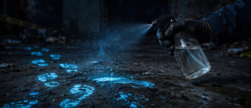 Luminol Spraying Glowing Blue Footprints on Dark Ground in Crime Scene Investigation Photo