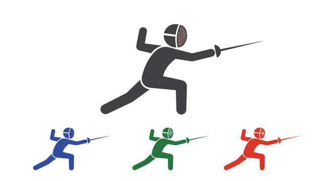 Fencing athlete pictogram vector silhouettes showing aggressive attack posture with rapier sword weapon