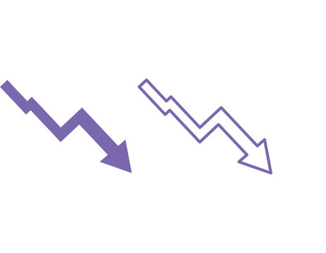 Set of two purple jagged downward trend arrows, one solid and one outlined, representing financial decline or negative growth