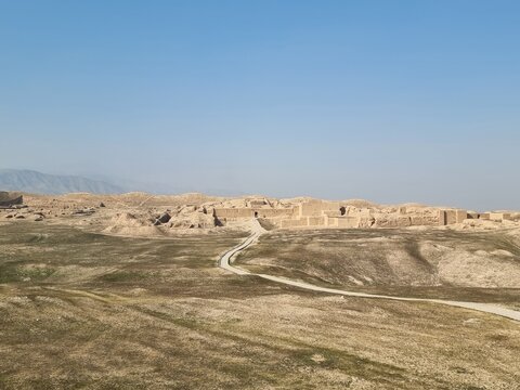 Wide Panoramic View of Nisa Parthian Fortress Ruins in Landscape
