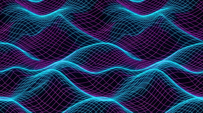 Abstract Neon Cyberpunk 3D Wireframe Wave Grid Background with Glowing Cyan and Magenta Digital Mesh Lines