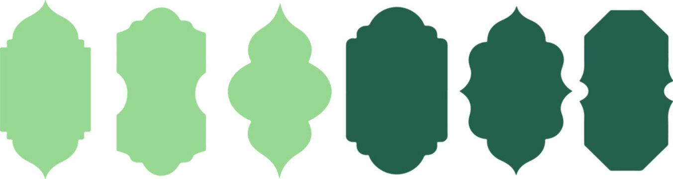 Collection of Vintage Green Decorative Frames and Label Shapes, Islamic Border Badges Set, Elegant Vector Elements for Ornament Design