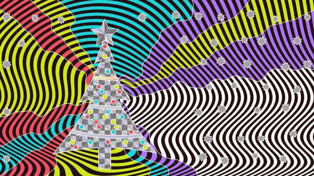A vibrant and hypnotic Christmas tree pulsates against a shifting optical illusion background filled with colorful wavy lines and twinkling stars, loopable animaton