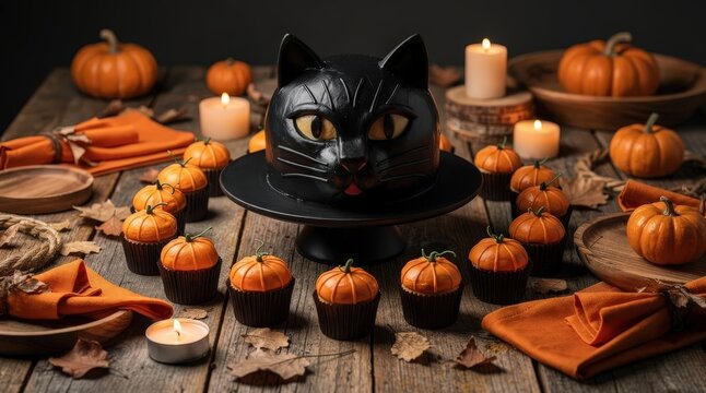 Whimsical Black Cat Cake Centerpiece on Rustic Wooden Table Surrounded by Mini Pumpkin Cupcakes, Warm Candlelight Casting Soft Shadows, Autumn Leaves and Orange Accents, Capturing Festive Halloween