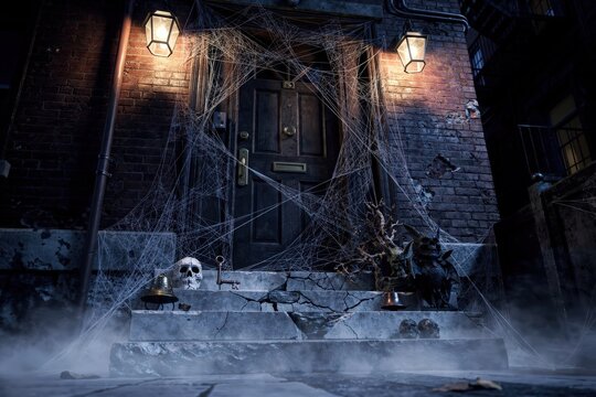 Eerie Abandoned Doorway Enveloped in Cobwebs on Foggy Night, Dimly Lit by Flickering Lanterns, Mysterious Atmosphere with Skulls and Old Keys, Dark Brick Wall, Capturing Haunting Mystery