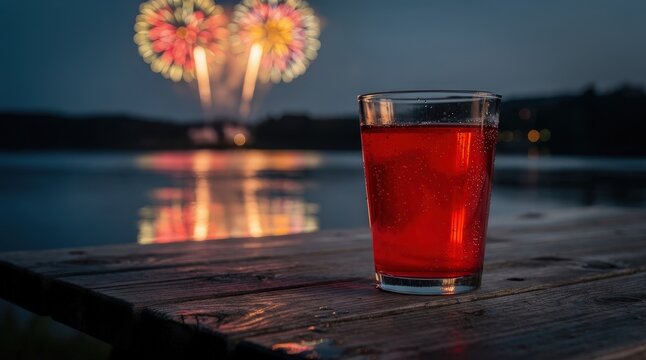 Vibrant Red Drink on Rustic Wooden Table Overlooking Serene Lake at Dusk, Colorful Fireworks Reflecting on Water, Soft Evening Glow, Capturing Festive Celebration and Tranquil Beauty